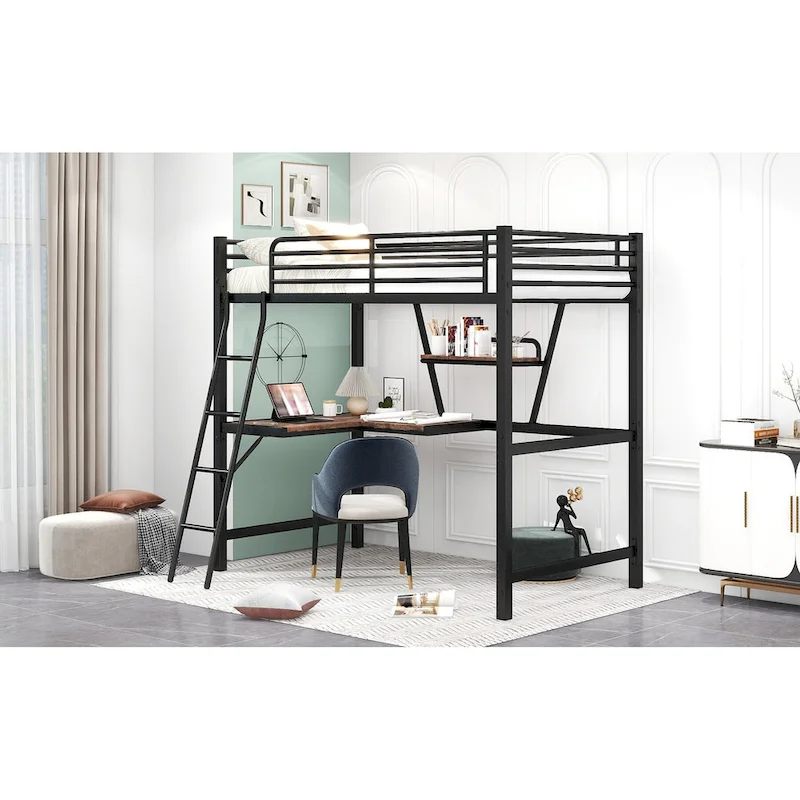 Metal Loft Bed with Desk and Guardrail