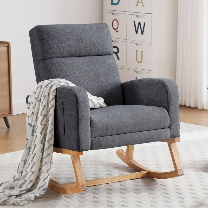 Linen Rocking Chair with Footrest and Side Pocket