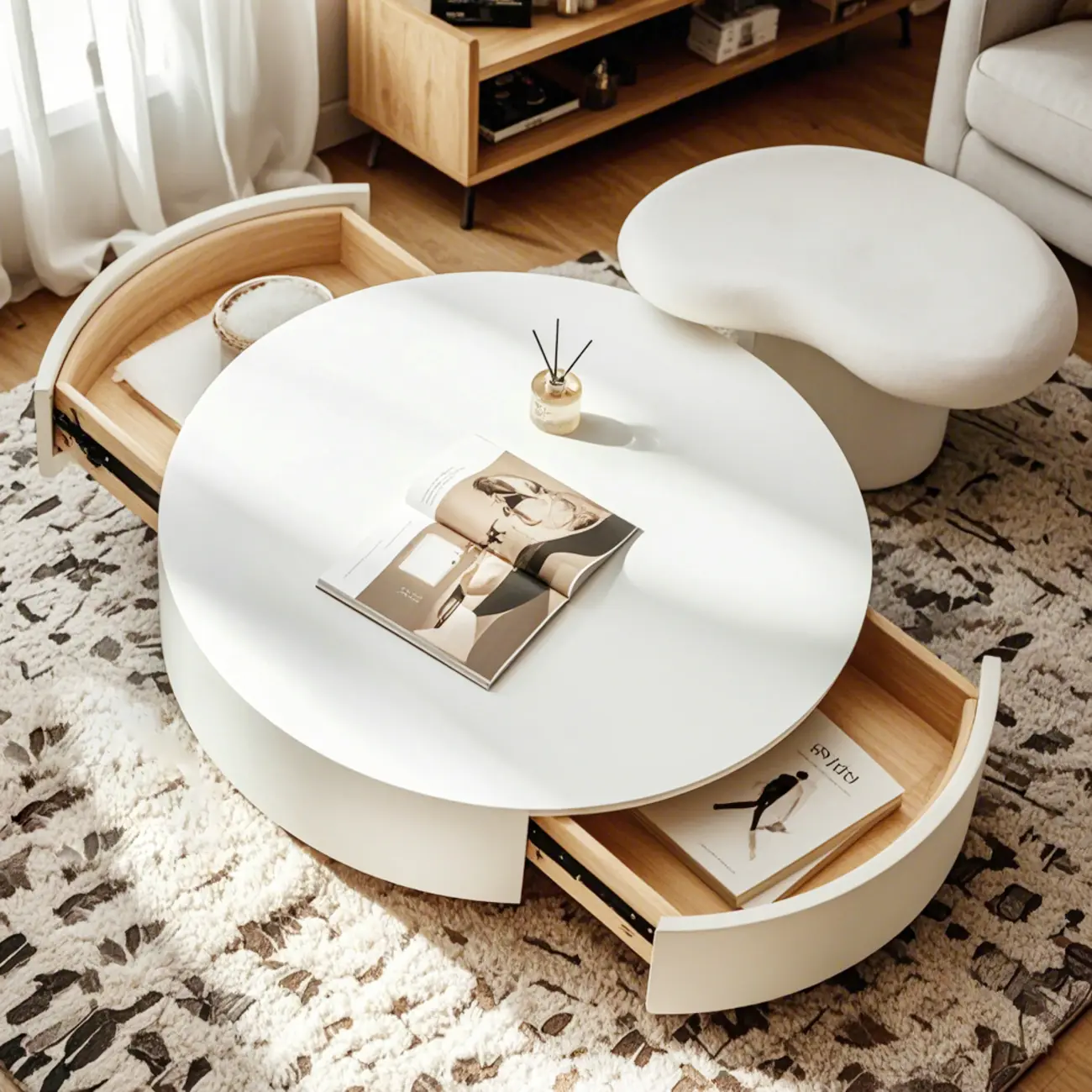 Pure White Round Modern Wood Drawer Coffee Table
