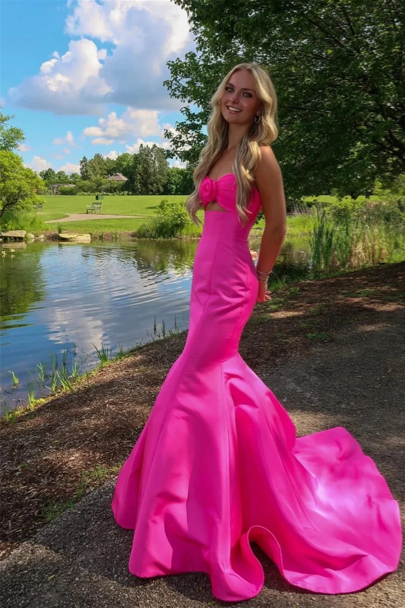 Mermaid Sweetheart Pink Satin Prom Dress with Bow