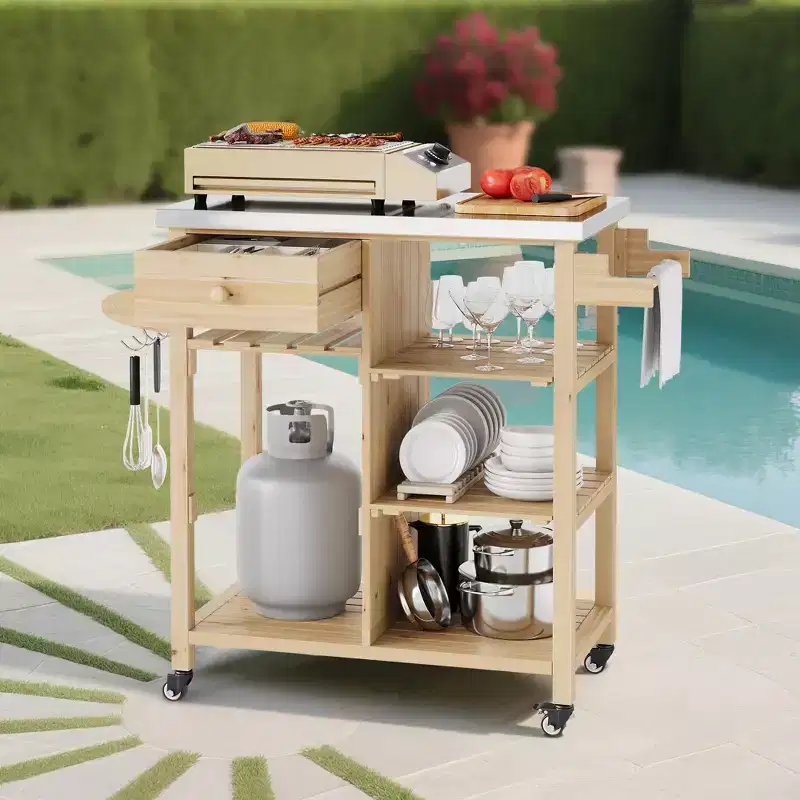 Outdoor Grill Cart Patio Bar Cart Prep Table with Drawer, Towel Racks, Open Shelves, Stainless Steel Top, Wheels, Portable Kitchen Rolling Island