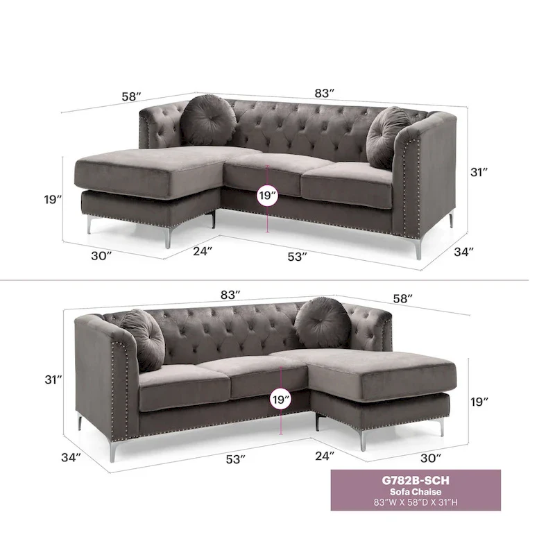 83 in. Tufted Velvet Sectional with 2-Throw Pillow - 83 L x 58 W x 31 H