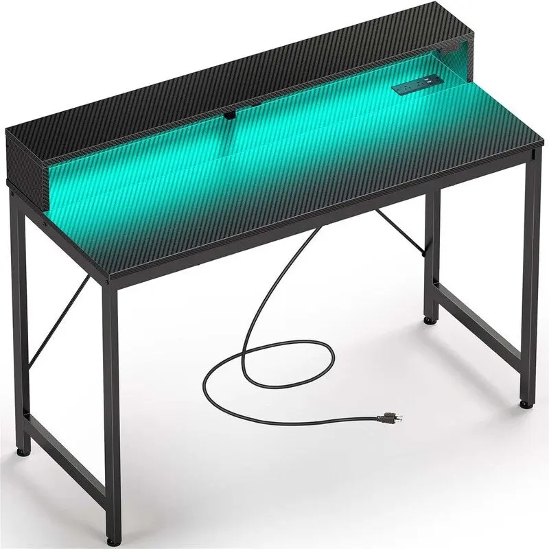 39-Inch Computer Desk with LED Lights and Built-In Power Strip