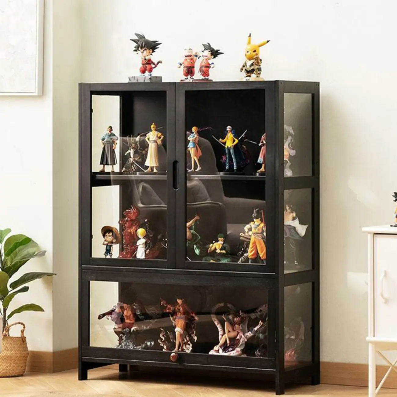 Modern Black Bamboo Adjustable Shelves Glass Display Cabinet