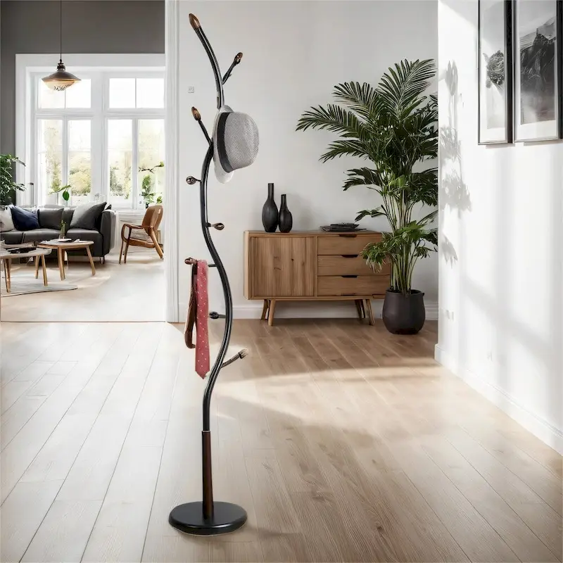 Black & Walnut Branch-Style Metal Standing Coat Rack with 9 Hooks, 1-Person