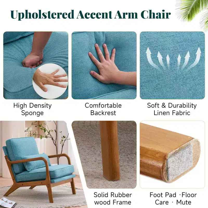 Karl Home 2Pcs Mid Century Solid Wood Accent Chair Upholstered Armchair with an Extra Pillow