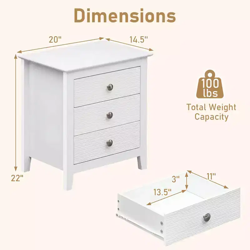 Costway 1/2 PCS Nightstand, Farmhouse 3-Drawer Night Stand with Wood Grain Accents & Sleek Knobs White/Black