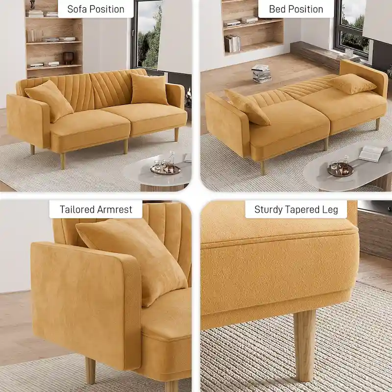 Upholstered Tufted Convertible Futon Sofa Bed, Velvet Sleeper Couch, 3 Seater Tufted Sofa with Adjustable Backrests