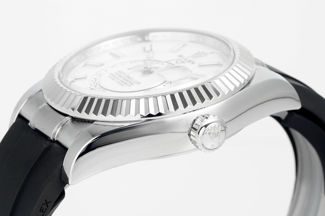 Premium front view of replica Rolex Sky-Dweller with white dial, fluted bezel, and black Oysterflex strap