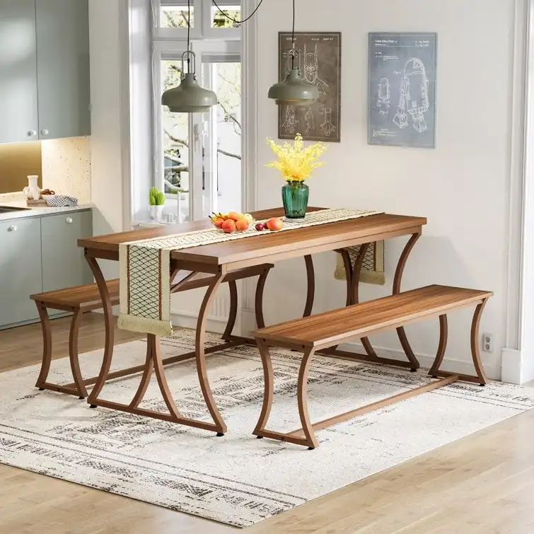 51 Farmhouse Brown Dining Table and Bench