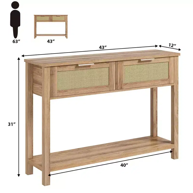 Rattan Console Table for Entryway,Boho Sofa Table for Living Room, Console Table with 2 Drawers, Wood Entryway Table with Storage
