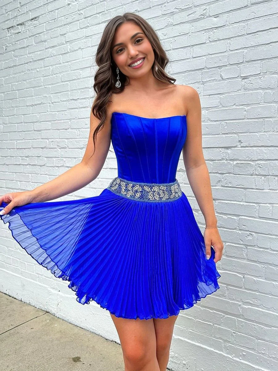 Royal Blue - A Line Strapless Chiffon Short Homecoming Dresses With Beadings