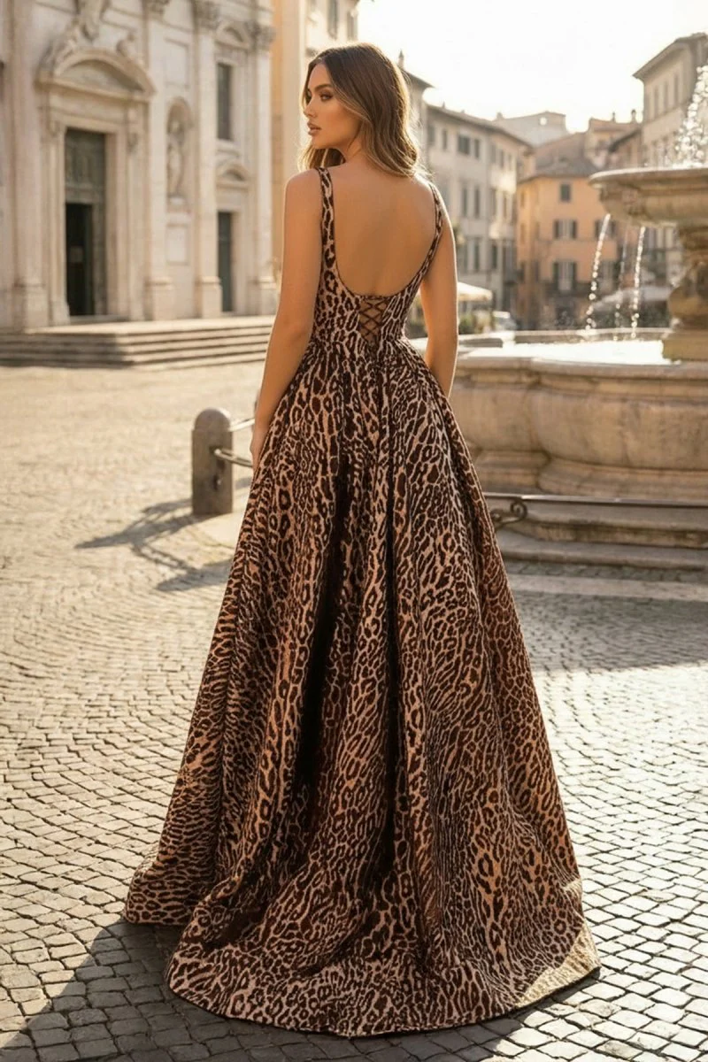 Leopard Square Neck Satin A Line Long Prom Dresses With Slit
