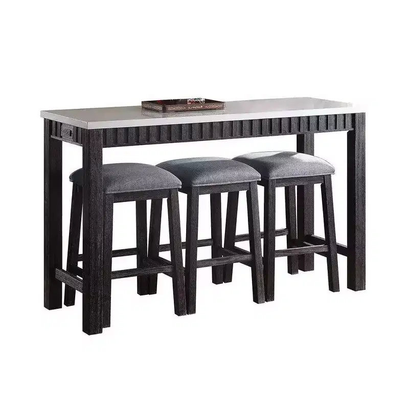 60" Necalli Marble Top Counter Height Dining Set Weathered Espresso - Acme Furniture: 4-Piece, Microfiber Seats, Sled Base