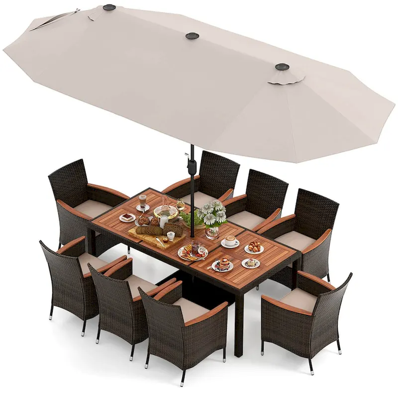 Costway 11 PCS Patio Dining Set with 15ft Double-Sided Patio Umbrella