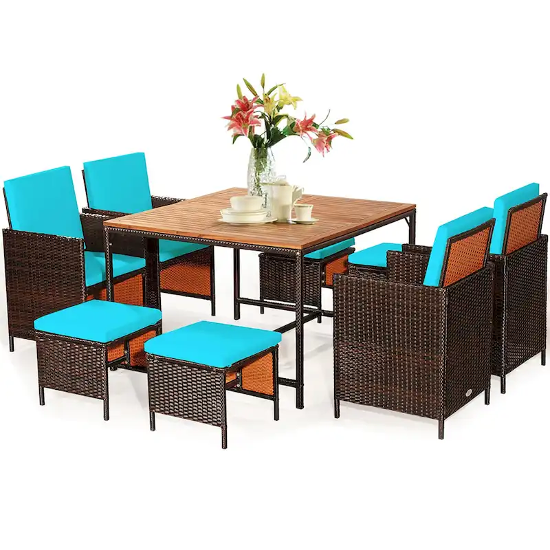 Costway 9PCS Patio Rattan Dining Set Cushioned Chairs Ottoman Wood - See Details