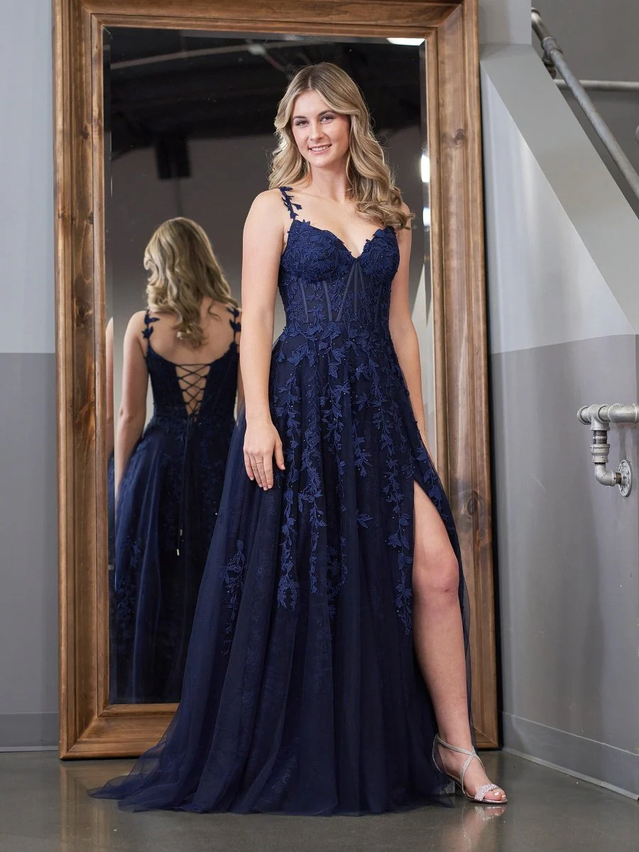 A-line V Neck Lace Tulle Prom Dress With Slit