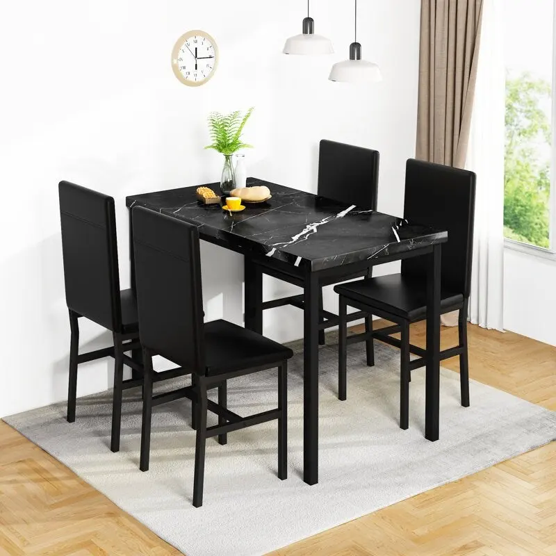 Faux Marble Kitchen Table And Chairs For 4, 4 - Person Dining Set For Small Spaces, Breakfast Nook, Living Room