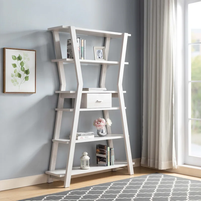 White 4-Tier Open Display Cabinet with Center Drawer – Single
