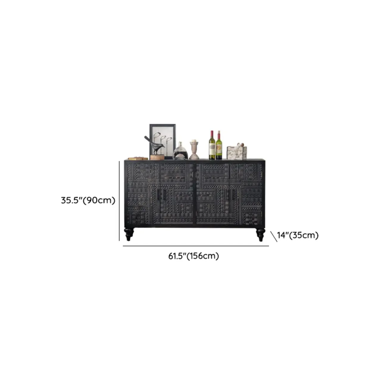 Artistic Pattern Wood Black Cabinet Sideboard in 3-Shelf