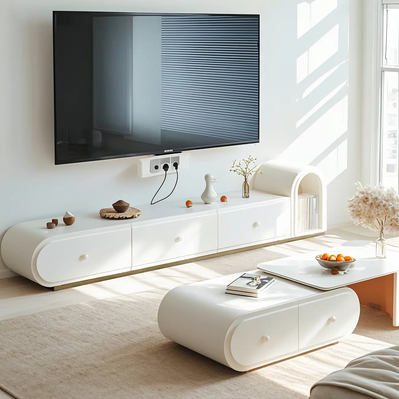 Nordic White Stone Arch Side Cabinet TV Stand with Drawers