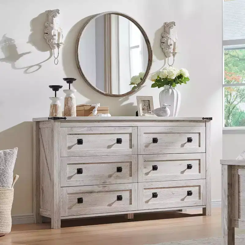 Farmhouse 6 Drawers Dresser, 54 Wide Wood Rustic Wide Chest of Drawers, Storage Dressers Organizer for Bedroom, Living Room, Hallway, Gray