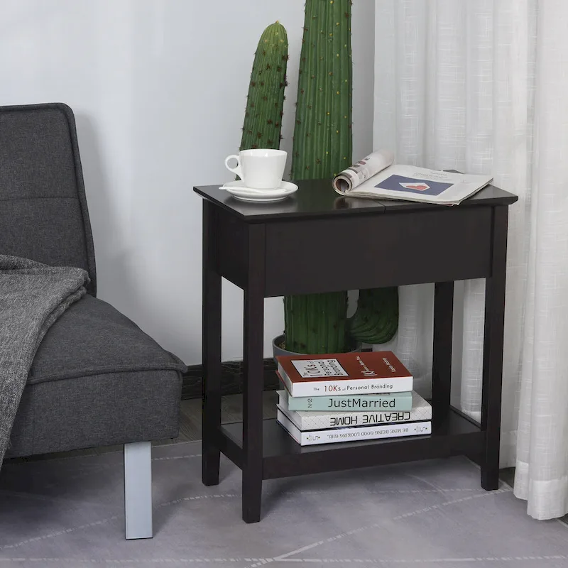 HOMCOM End Side Table in Flip Top Design with Cabinet and Bottom Shelf, Storage Furniture Decoration for Bedroom