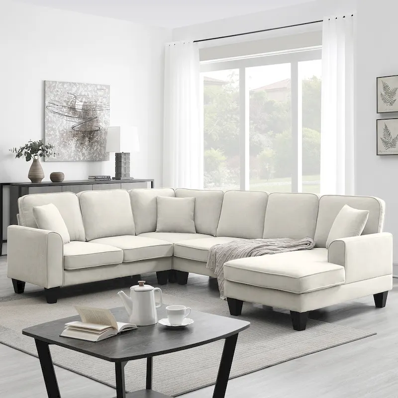 Modern U-Shaped 7-Seater Fabric Sectional Sofa Set with 3 Pillows, 108