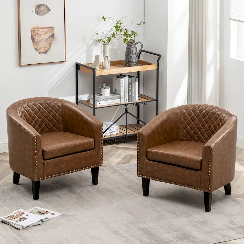 KINWELL 29  PU Faux Leather Club Armchair with Nailheads, Set of 2