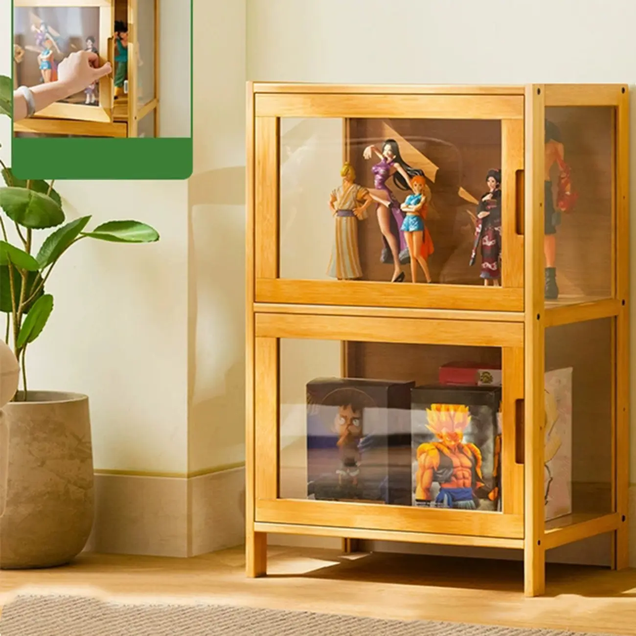 Modern Grey Bamboo Glass Display Cabinet for Living Room