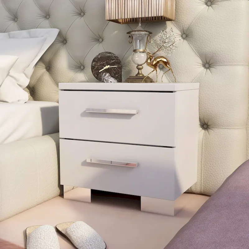 Modern white wooden double drawer bedside table