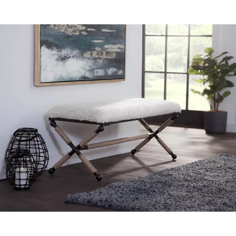 48-Inch Double Bench with Boucle Upholstered Seat and Metal X Base