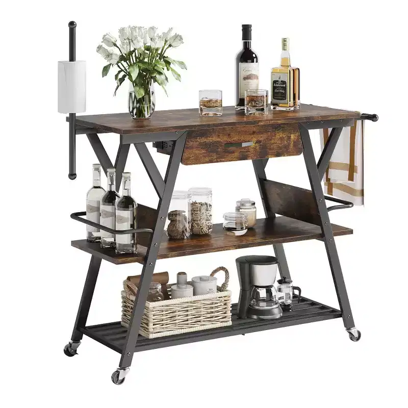 Rustic Brown / Vintage Dark Grey Rolling Kitchen Cart with 3-Tier Shelf, Lockable Wheels