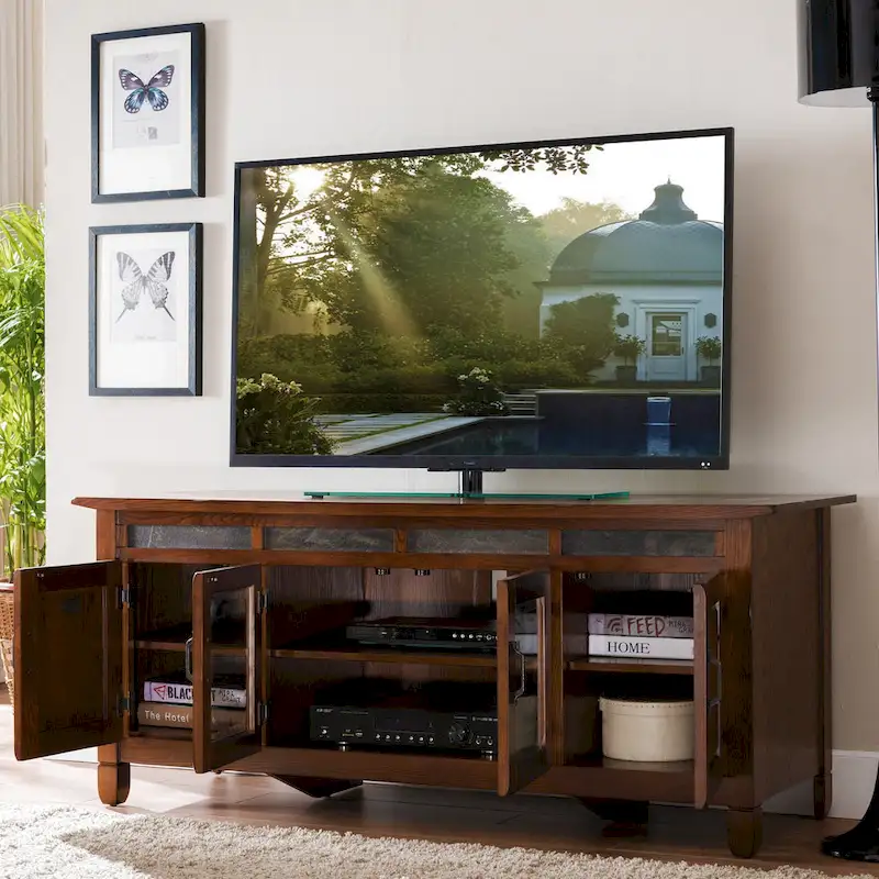 Rustic Autumn Oak TV Stand with Slate Tile Detail & Enclosed Storage - Single Use