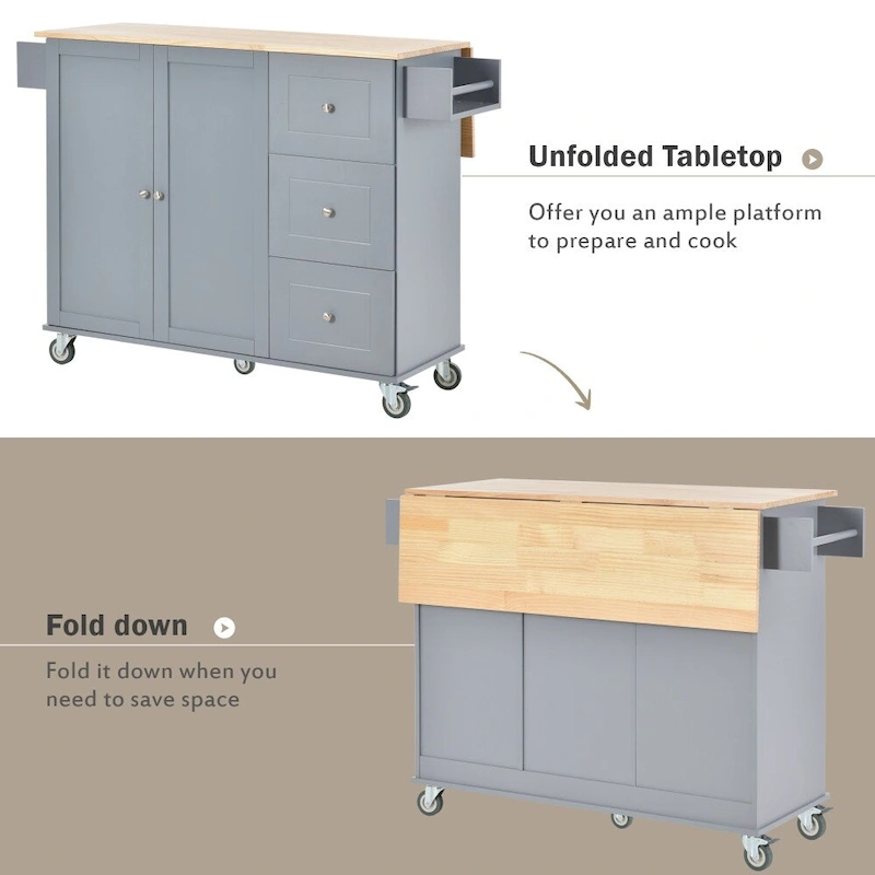 52.7 Rolling Mobile Kitchen Island with Solid Wood Top