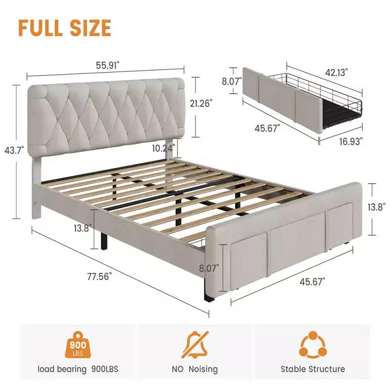 Full Bed Frame Modern Upholstered with Button Tufted Headboard - Noise Free Platform Bed with Storage Drawers, Wooden Slats, , White