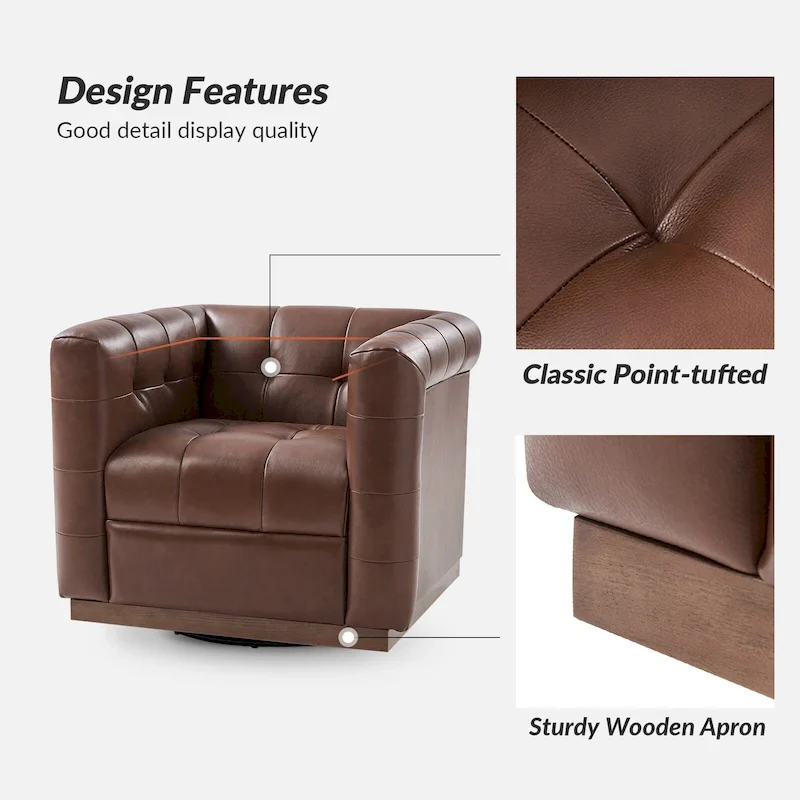 JeremiasMid-certury Modern GenuineLeatherTufted SwivelClubChair with Wooden Apron by HULALA HOME