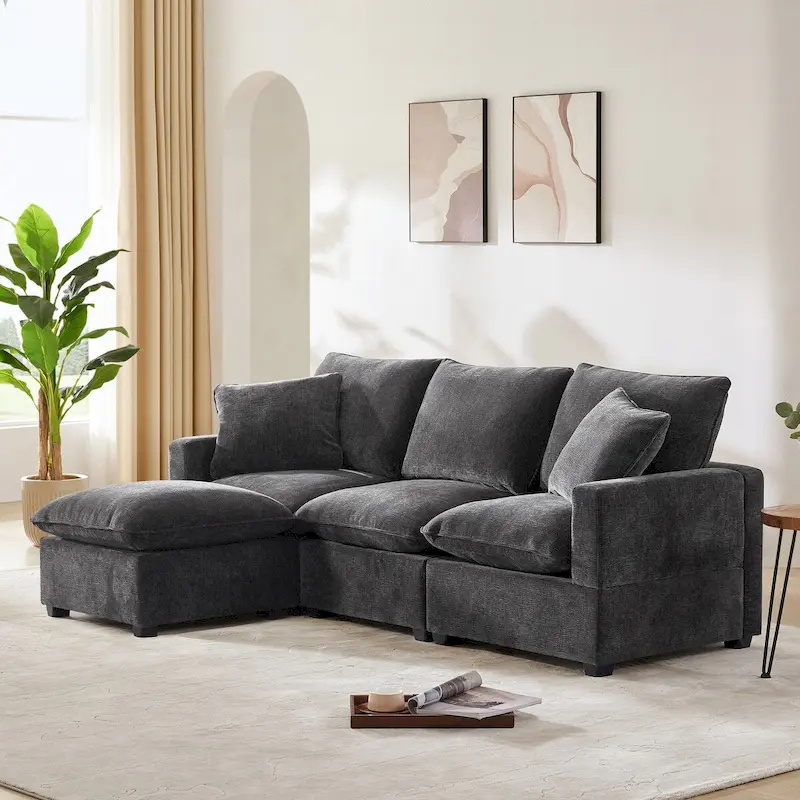 Modern Modular Sofa 4-Seat Chenille Sectional Couch Set with 2 Pillows