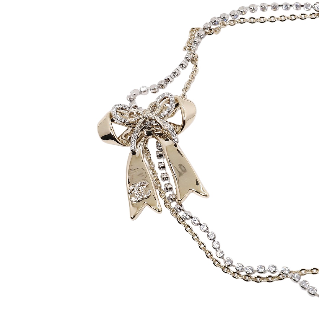 CCN490 Chanel bow double chain choker necklace - ccjewelryacc