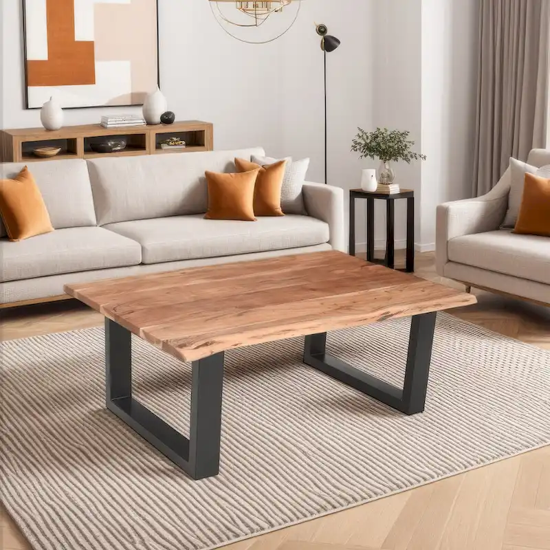 Brown & Black Rectangular Live Edge Acacia Coffee Table with Metal Sled Base