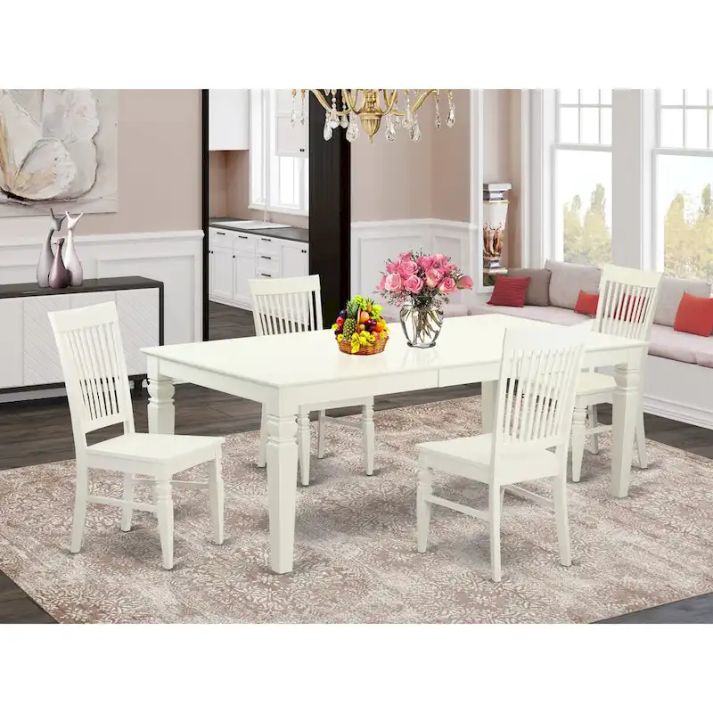 Linen White Rectangle Dining Table Set with Wood Seat Chairs, 5/7/9-Piece Options