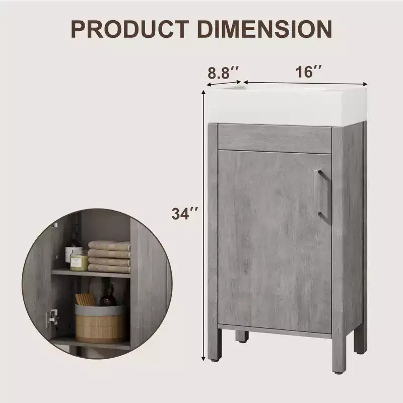 Space-Saving Modern Bathroom Vanity with basin - 16 Inch Freestanding Wooden Cabinet, Metal Handle, Farmhouse Style, Easy Assembly