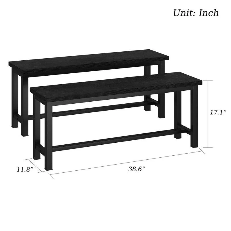 Grondin Industrail Style Dining Bench 2 Pieces Set, Wooden & Steel Dining Benches Set of 2, Durable and Stable Entryway Benches