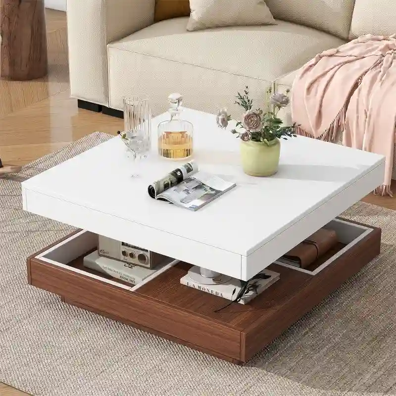 White & Walnut / Black & Dark Walnut Square 360° Rotating Coffee Table with 3 Detachable Trays, 2-Tier