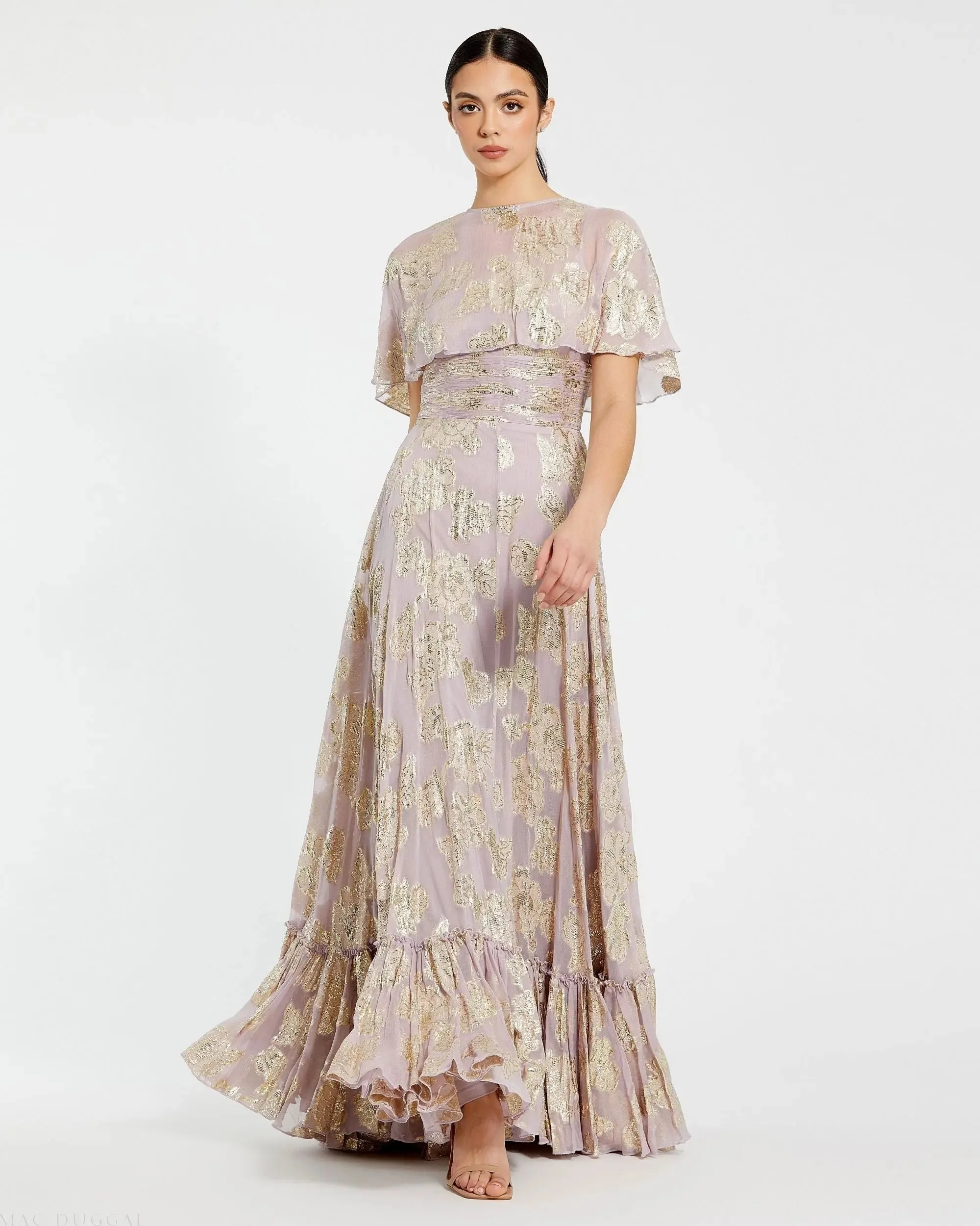 Purple Cape Sleeve A Line Floral Chiffon Gown