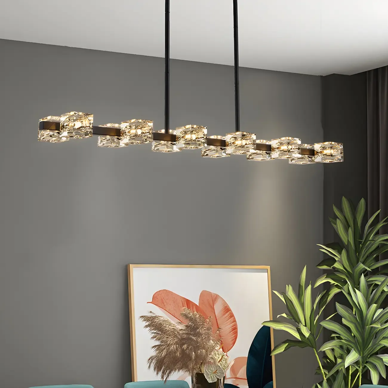 Adjustable Gold/Black Rectangle Crystal Island Chandelier