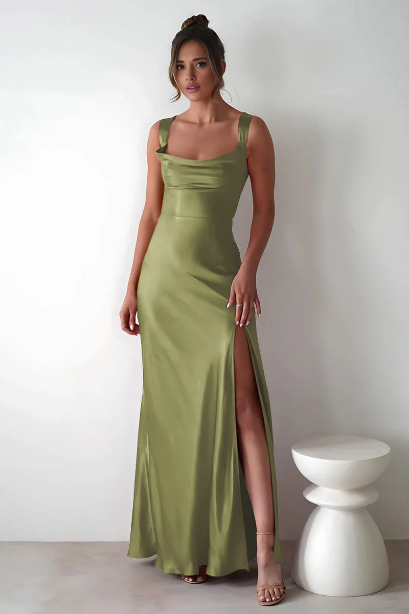 Red A-Line Square Neck Satin Long Prom Dresses with Slit