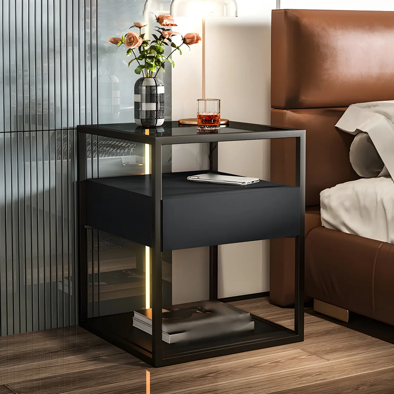 Modern Blue Nightstand with Glass Top and Drawer Storage