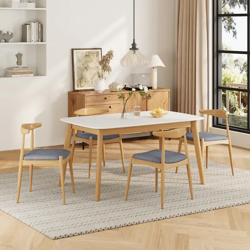 5 Piece Dining Set Wood Kitchen Set with Rectangular Dining Table and 4 Upholstered Chairs for Home Apartment