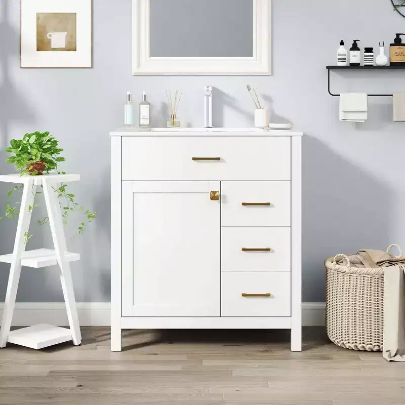 Costway 30 Bathroom Vanity with Sink 2 Drawers 1 Door 1 Flip-out Drawer Solid Wood Legs